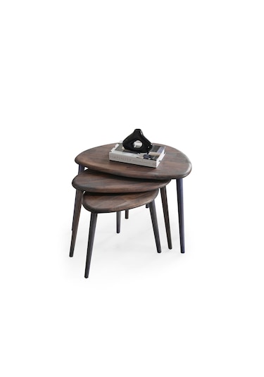 Masif Doğal Ahşap Zigon Sehpa 3'lü Set, Modern Antrasit Yan Sehpa