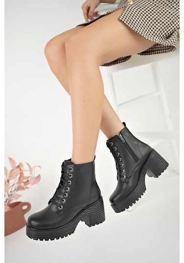 Muggo Grazi Garantili Kalın Taban Platform Topuklu Fermuarlı Bağcıklı Kadın Bot 001