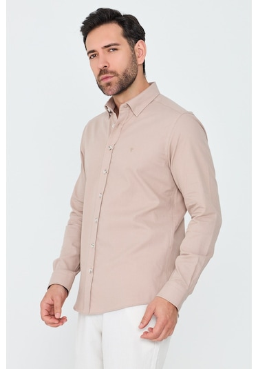 White Stone Açık Kahverengi %100 Pamuk Regular Fit Erkek Uzun Kollu Gömlek A.Kahverengi