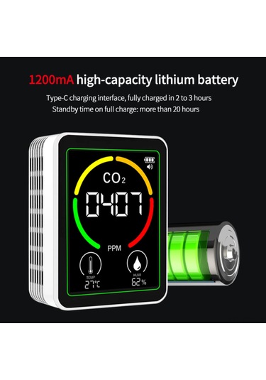 Maiyame Hava Kalitesi Testeri Zn-mt03: Co2, Sıcaklık Ve Nem Ölçer - 2.8" Renkli Ekran, Taşınabilir, Usb Şarjlı, Açıklayıcı Ve Sırt Desteği İle Beyaz