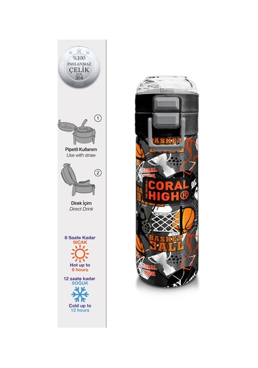 Coral High Kids Siyah Gri Basketbol Desenli Pipetli Ve Direkt İçim Çelik Termos 500 Ml 31975 Gri - Siyah