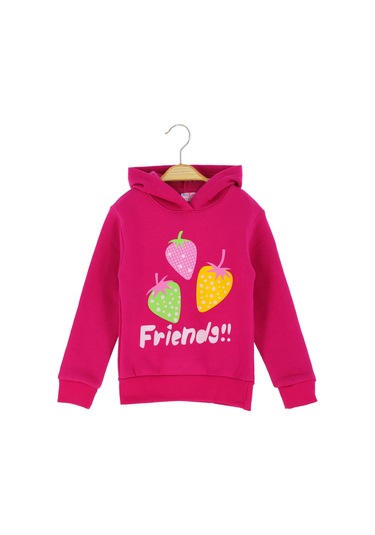 Çilek Baskılı Kapüşonlu Üç İplik Şardonlu Sweatshırt Fuşya