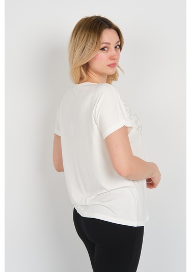 Ella Camelia Kadın Taşlı Ve Desenli Düşük Kol Bluz 24e044 Ekru Ekru