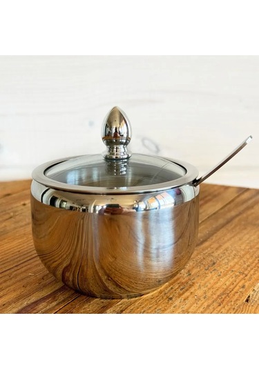 Geeksen Paslanmaz Çelik Şeker Kavanozu, 300 Ml Kapasiteli, Cam Kapaklı, Kaşık Dahil, Mutfak İçin Pratik Çözüm Diğer