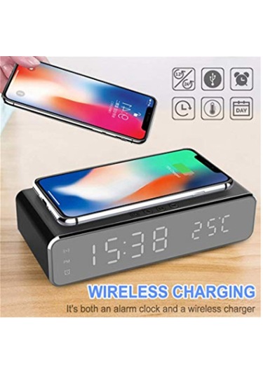 Yifomall Gümüş Masaüstü Alarm Saat - Kablosuz Şarj Cihazı, Led Ekran, Zaman Ve Sıcaklık Gösterici, 3 Alarm Ayarı