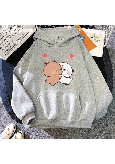 Gri Kawaii Hoodie Panda Ayı Karikatür Bubu Dudu Baskı Kız Büyük Boy Kazak İlkbahar/sonbahar Açık Mavi Uzun Kollu Cep Tops Gri
