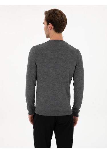 Cacharel Füme Slim Fit Yün Karışımlı Bisiklet Yaka Basic Triko Kazak Gri