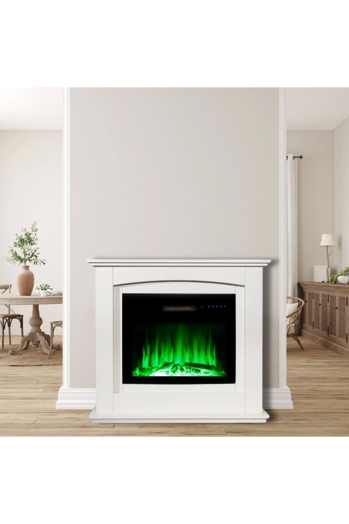 Tektes Elektrikli Şömine Kasalı 125 CM Beyaz Kasalı 8 Renkli Alev Sesli Bluetoothlu Wifi Uygulamalı