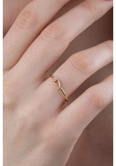 14 Ayar Altın Mini Firuze Taş Detaylı Balık Yüzük Pembe Altın