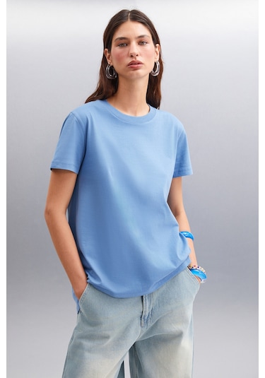 Samantha Kadın %100 Organik Pamuklu Comfort Fit Arkası Uzun Basic Örme Indigo T-shirt