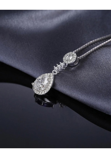 Brezza Lusso Jewelry Zirkon Taşlı Işıltılı Damla Diamond Kadın Gümüş Kolye Küpe Seti