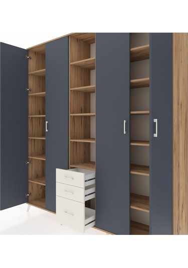 Hyperion Dolap 17 Raflı 3 Çekmeceli 4 Kapaklı 220x44x243 Çam-antrasit/aytaşı Antrasıt/aytası