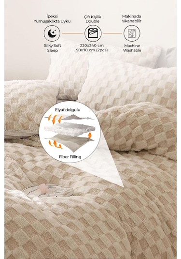 Evlen Home Çift Taraflı Kişilik Kürk Yorgan Uyku Seti Yumuşak Dolgulu Yatak Örtüsü 3 Parça Polo Krem