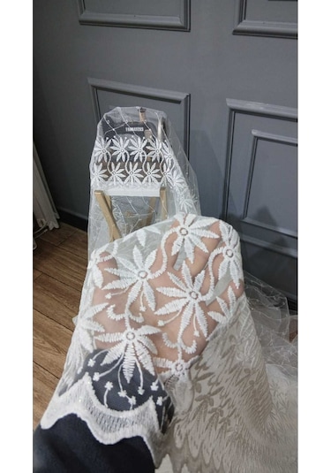 Tül Perde Brode Nakış Yeni Eko Seri Tüm Desen Sarmaşık 3kat Pileli Tül Perde BEYAZ