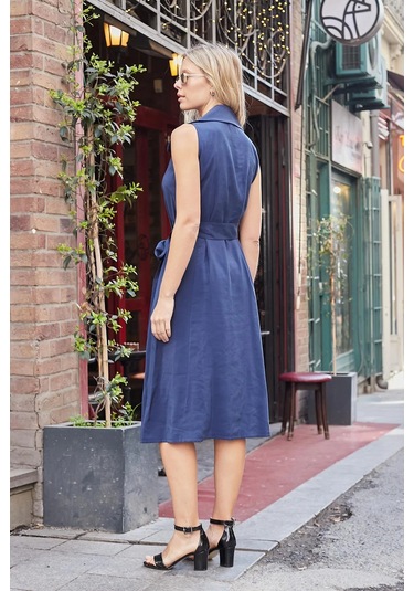 Kadın İpeksi Modal Likrasız Kumaş Anvelop Kruvaze Yakalı Cepli Bağcıklı Midi Boy Diz Altı Elbise-lacivert Lacivert