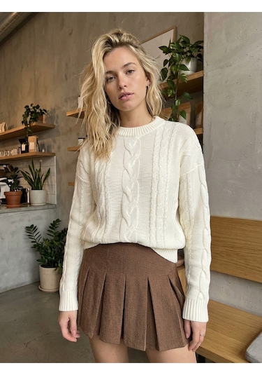 Sayzen Your Shine Saç Örgülü Basic Regular Triko Kazak Sy-2605 Ekru