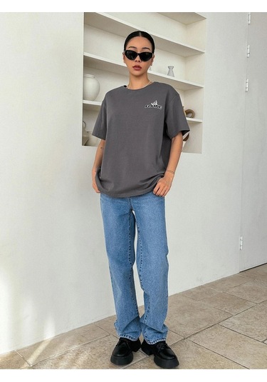 Füme Oversize Butterflies T-shirt - Oversize Baskılı Gri
