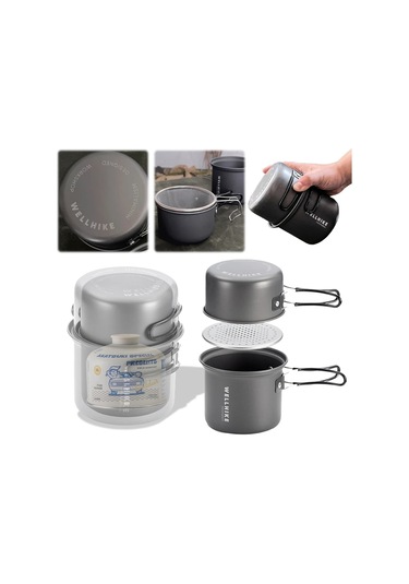 2 Adet Kamp Tencere Saplı Ultralight Açık Pot Alüminyum Alaşımlı Gri - Siyah