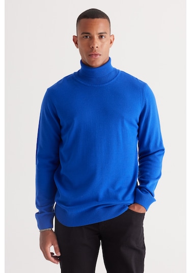 AC&Co / Altınyıldız Classics Erkek Saks Mavi Standart Fit Tüylenme Yapmayan Tam Balıkçı Yaka Triko Kazak 4A4922100004SKSS Mavi