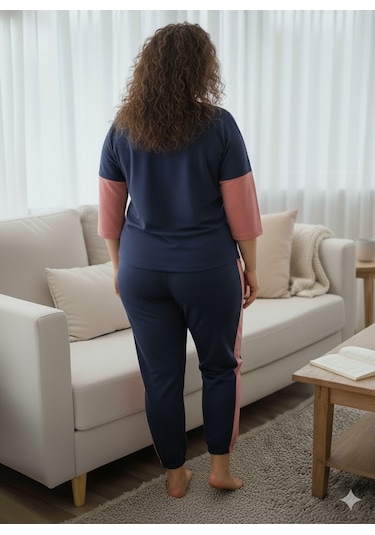 Kadın Lacivert Büyük Beden Pijama Takımı Pembe