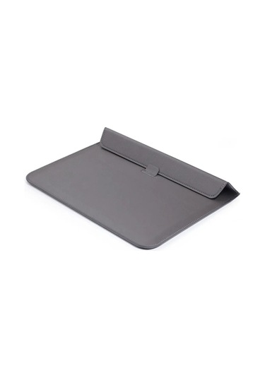 Macbook Pro 14 İnç M3 A2992 A2918 Uyumlu Deri Mıknatıslı Çanta Stantlı Şık Tasarım Koyu Gri