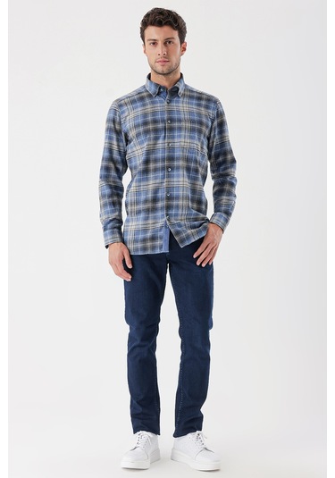 Koyu Mavi Uzun Kollu Ekoseli Gabardin Sert Yaka Cepli Garnili Casual Comfort Fit Gömlek 1004235112-koyu Mavi Koyu Mavi