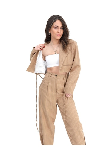 Ceket Kısa Vatkalı Fleto Cepli Çizgili - Camel-camel Camel