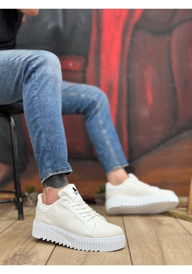 Pabucmarketi Bağcıklı Triko Erkek Ayakkabı Beyaz Beyaz Taban Çok Renkli