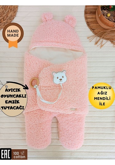 Bebek Dış Kundak Battaniyesi Pelüş Ayaklı Welsoft Uyku Tulumu Kışlık Mont Yenidoğan 0-12 Ay Pembe