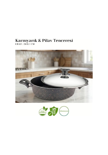 26 Cm Granit Karnıyarık & Pilav Tenceresi Çelik Kapak - Siyah Siyah