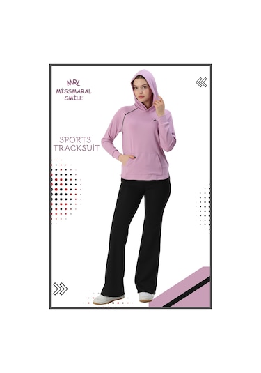Kadın Spor Eşofman Takım İspanyol Paça Çift Cepli Alt &kapüşonlu Kanguru Cepli Üst Lila Rengi 3053 Lila