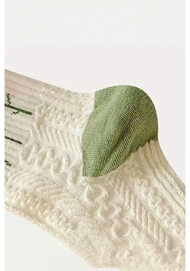 Kadın 5 Çift Premium Kalite Yeçil Çiçek Desenli Soket Çorap Beyaz - Yeşil