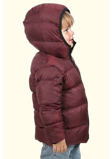 Erkek Çocuk Polarlı Kürklü Kapüşonlu Su Geçirmez Rüzgara Dayanıklı Şişme Kışlık Mont Kaban Bordo