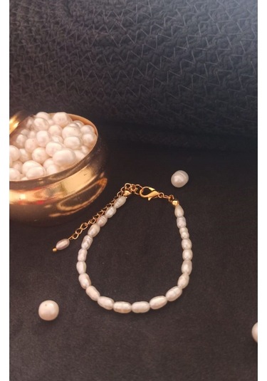 24k Altın Kaplama Gerçek Arpa İnci Tasarım Bileklik Beyaz Tek Eba Gold