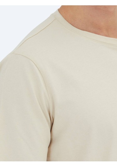 Bej Düz Bisiklet Yaka %100 Pamuk T-shirt Bej