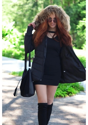 Eldiven Detaylı Siyah Kapüşonlu Orta Boy Kürklü Şişme Mont Co121syh1 Siyah