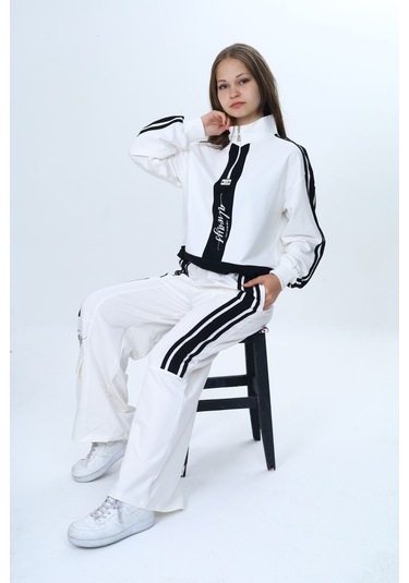 Kız Çocuk 2 İplik Yarım Fermuarlı Garnili Eşofman Takımı %100 Pamuk Rahat Kalıp-325 Ekru