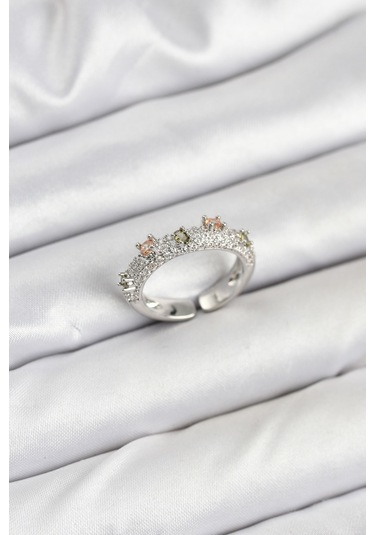 Pirinç Gümüş Renk Zirkon Taşlı Vintage Kadın Yüzük Çok Renkli