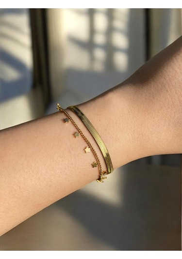 Yıldız Detaylı İtalyan Zincirli Çift Sıra Kadın Bileklik Altın