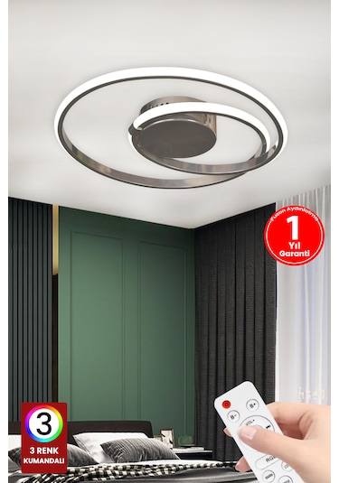 Fuzon 3 Renk Plafonyer Kumandalı Krom Kasa Led Avize Modern Mars Ledli Gümüş - Bal
