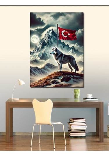 Kanvas Tablo Kurt Ve Türk Bayrağı 100cmx140cm