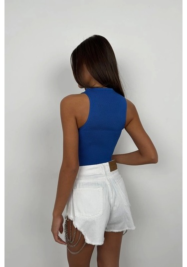 Taş Detay Dekolteli Crop Bluz Saks