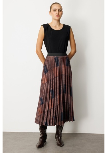 Ekol Kadın Desenli Piliseli Etek 2045 Kahverengi Kahverengi