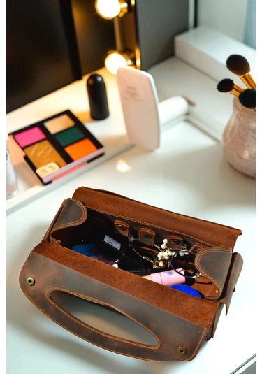 Deri Makyaj Ve Takı Çantası Koyu Kahverengi