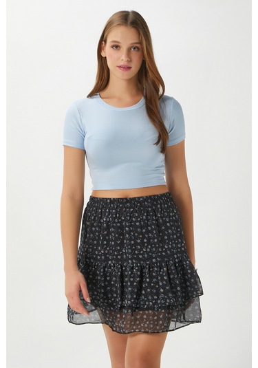 Kadın Juliet Siyah Çiçekli Astarlı Volanlı Mini Şifon Dokuma Etek