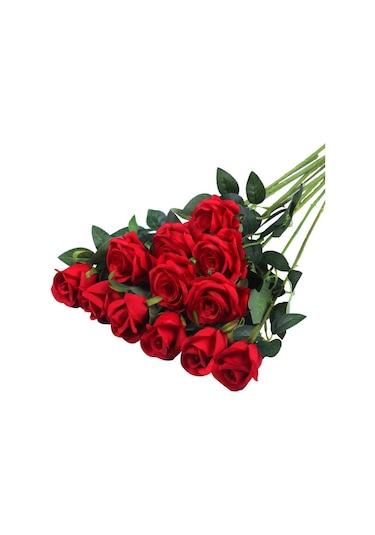 Yapay Çiçek Kırmızı Gül 12 Adet Tek Dal 50cm