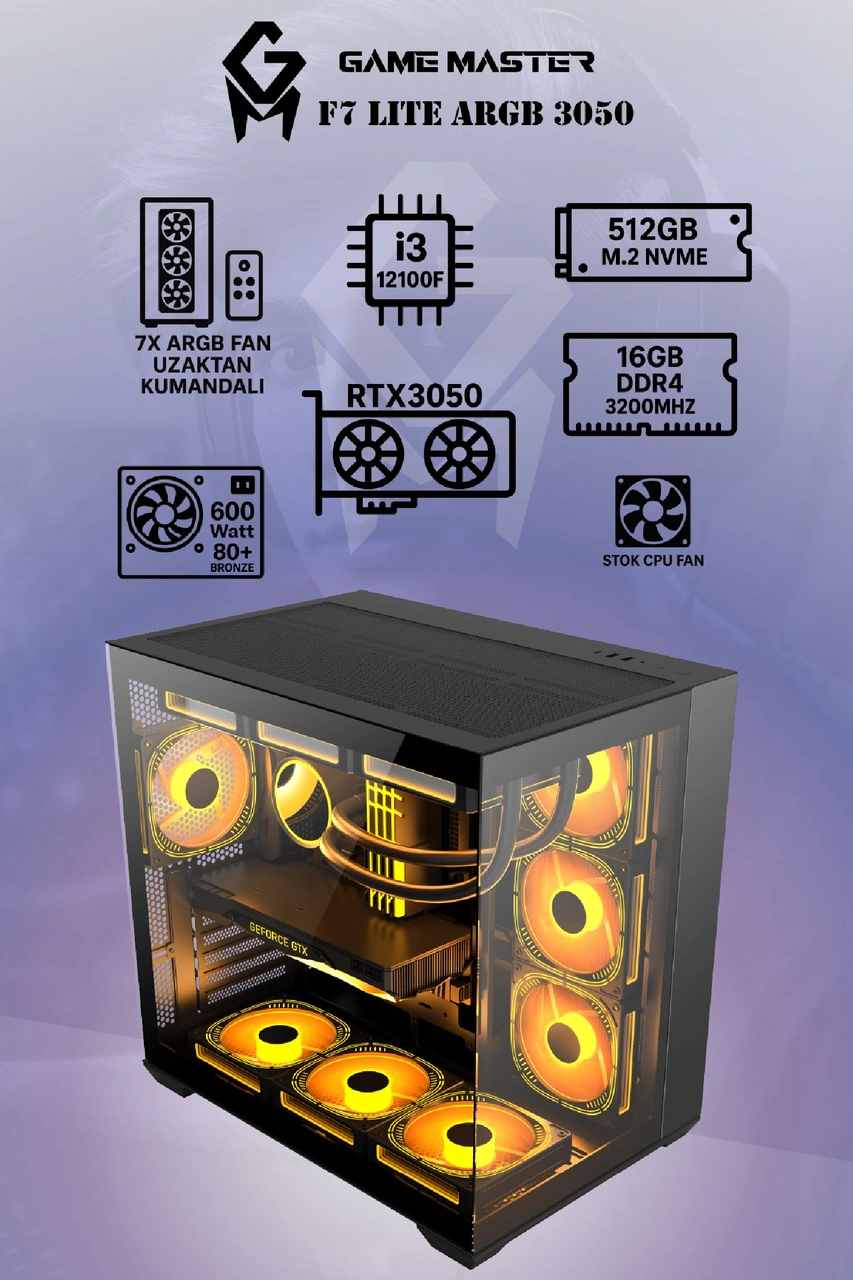Game Master F7 Lite i3-12100F 16 GB 512 GB RTX3050 Dos Masaüstü Oyuncu Bilgisayarı