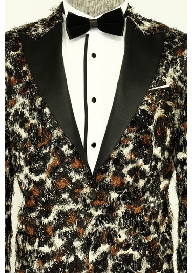 Wessi Saçaklı Leopar Desenli Erkek Siyah Beyaz Balo Ceket Beyaz