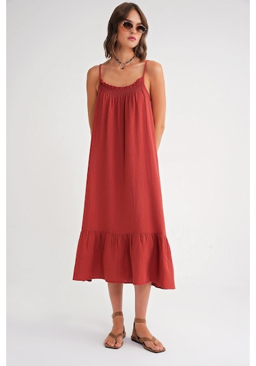 4740 Kadın Askılı Müslin Midi Elbise Kiremit Kiremit