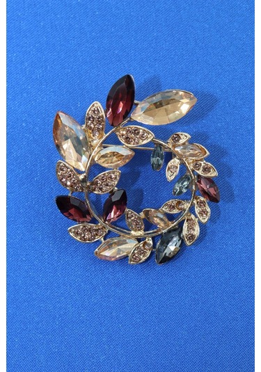 Zeytin Dalı Çelenk Broş. Gold Pırlanta Taşlı Zeytin Dallı Yaka İğnesi Çiçek Broş, Erkek Kadın Broş Gold